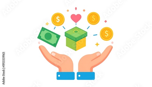 Cartoon depiction of open hands cradling a box, money, coins, and a heart, suggesting donation or giving
