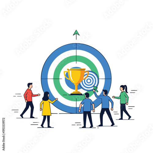Team works together towards a golden trophy on a target