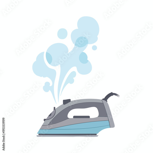 A modern electric iron emits a puff of steam against a white background