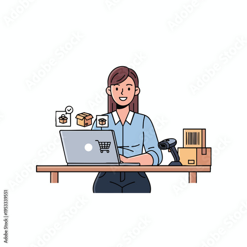 Woman at desk with laptop, scanner, and boxes, managing inventory