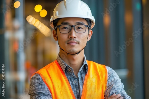 Portrait of confident young Asian male construction professional in a protective helmet and vest, standing with crossed arms, looking determined and composed at the camera, Generative AI
