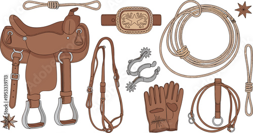 Western cowboy riding gear with saddle, reins, lasso and gloves, detailed ranch equipment and rodeo accessories vector illustration set