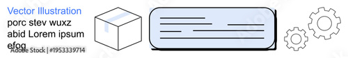 Data visualization, process workflow, packaging design, engineering systems, operational efficiency, logistics. A box, gears and structured content in abstract ion. Data visualization and workflow