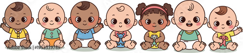 Cute baby characters collection, diverse cartoon infants set, adorable toddlers illustration, multicultural kids design, playful nursery concept, flat vector graphic for children projects