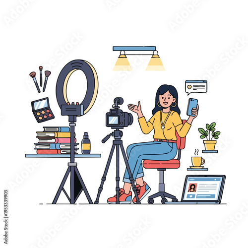 Young woman records content with ring light, camera, and phone in home studio setup