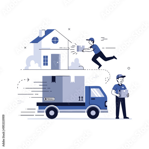 A delivery person hands a package to a house, while another waits by a truck
