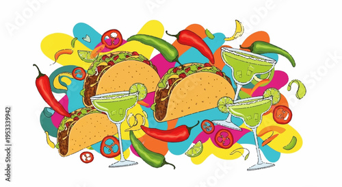 Vibrant tacos with colorful peppers and vegetables on a white background mexican food illustration