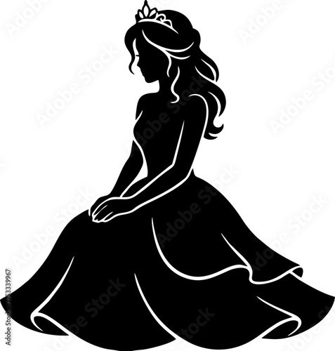 Elegant Kneeling Princess Silhouette with Tiara and Flowing Dress Vector Illustration