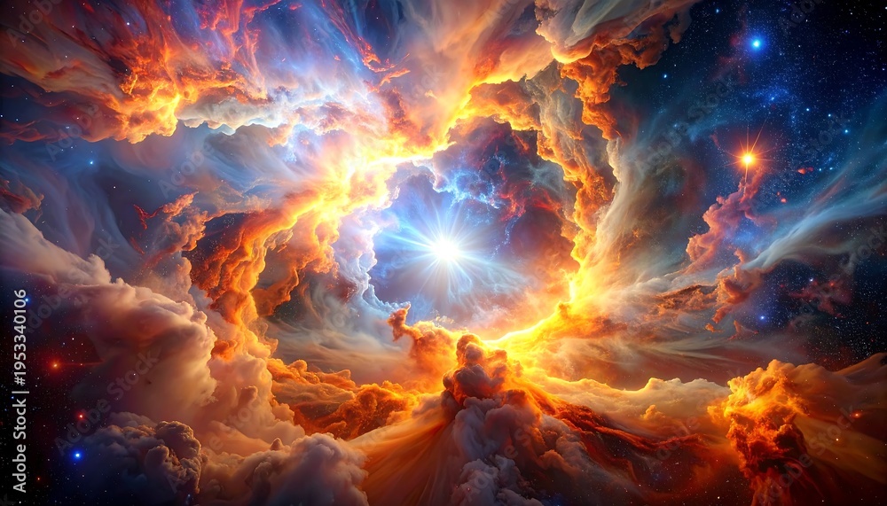 Fototapeta premium A vibrant cosmic artwork showcases a celestial explosion of radiant light and swirling, fiery gases in deep space