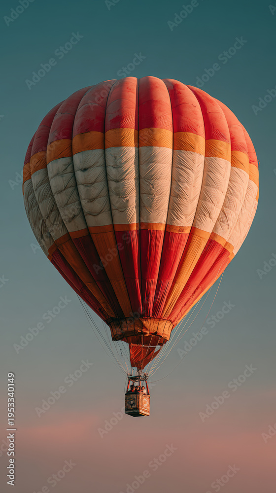 Fototapeta premium Colorful hot air balloon floating in clear sky, vertical composition, adventure travel, serene atmosphere, sunrise light