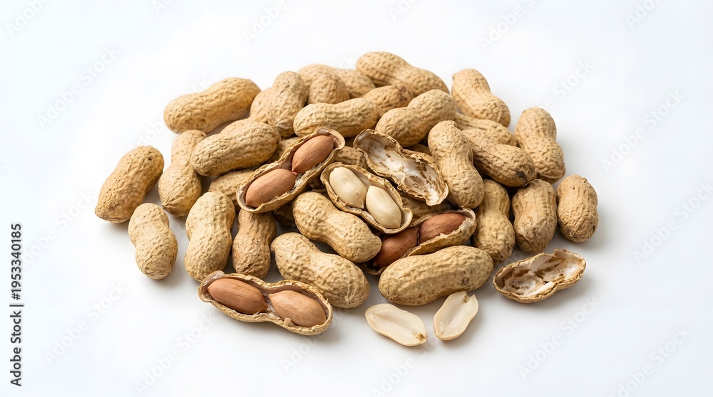 Obraz premium A pile of peanuts and peanut shells on a white background