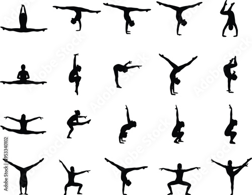 Collection of yoga and gymnastics silhouettes showing stretching, balance, flexibility, handstand and splits poses isolated on white background for fitness design
