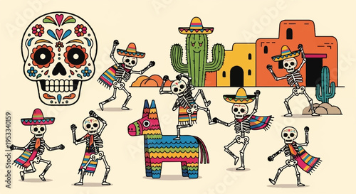 Colorful sugar skulls and skeletons celebrate dia de los muertos with donkey cactus and adobe buildings