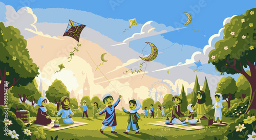 Children playing with kites in a serene park on a sunny day with trees and mountains in the background under a blue sky with clouds.