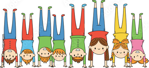 Cute kids doing handstand, playful children characters set, upside down poses illustration, colorful cartoon style, active lifestyle concept, fun education design, vector graphic