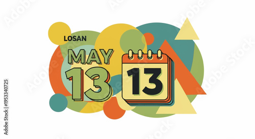May 13th calendar date graphic design element with colorful abstract shapes and bold typography