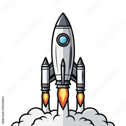 A stylized, cartoon-like rocket launching with bright orange flames and billowing white smoke