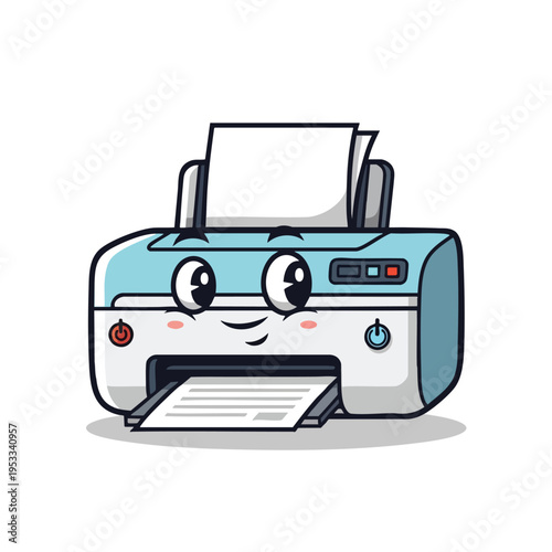 Cheerful cartoon printer with paper, smiling with blushing cheeks