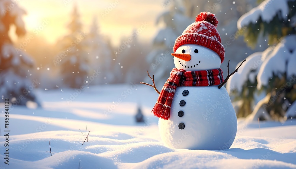 Obraz premium A snowman in a snowy forest at sunset