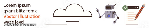 Cloud computing, artificial intelligence, task automation, technology services, digital tools, robotics integration. Minimal cloud icon, robot pointing checklist with pencil. Cloud computing