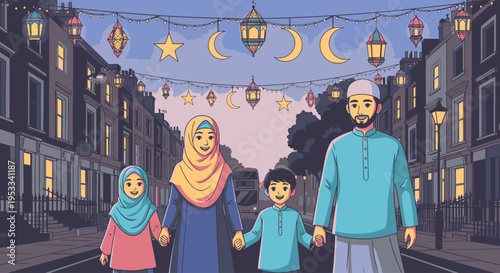 Illustration of a Muslim family walking hand in hand on a street decorated with Ramadan lanterns and crescent moons at dusk.