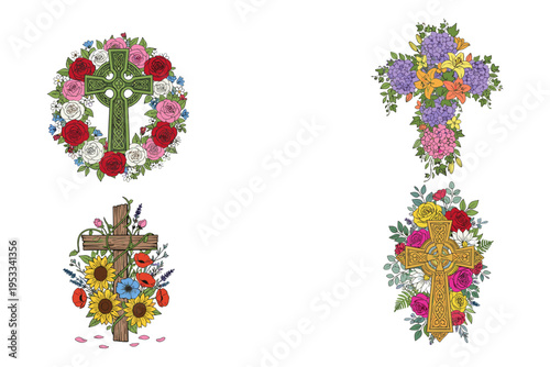 Floral Crosses in Remembrance: A set of four beautifully illustrated crosses, each adorned with a vibrant arrangement of flowers, symbolizing faith, hope, and remembrance.This colorful floral alphabet