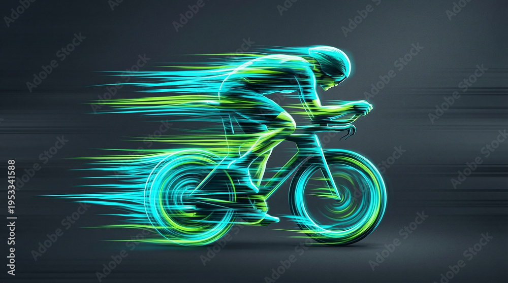 Fototapeta premium Abstract glowing neon green and blue light trails forming the dynamic motion outline of a cyclist riding a bicycle at high speed in the dark