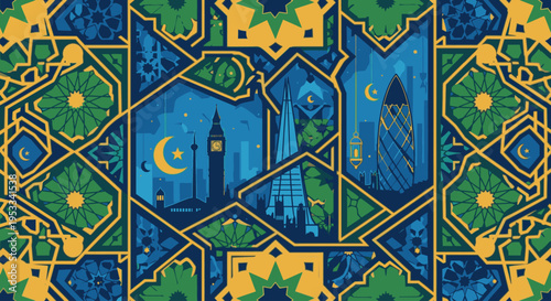 Vibrant stained glass pattern featuring mosque elements at night with a crescent moon in a colorful geometric design.