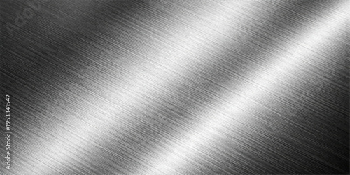A polished brushed metal background features a shiny silver stainless steel texture with a seamless metallic pattern on an industrial grey aluminum plate surface