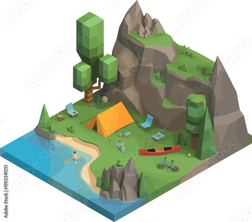 Isometric 3D camping scene with tent, mountain, lake shore, canoe, bicycle, outdoor adventure nature landscape summer travel recreation illustration