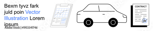 Transportation, financial planning, vehicle purchase, car leasing, contract agreement, business deal. Minimal car illustration alongside a contract and a financial chart. Transportation and financial