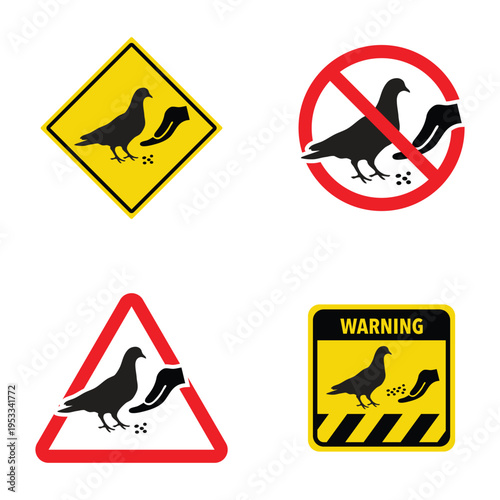 A set of four prohibited pigeon feeding sign icons featuring a bird silhouette, a hand with seeds, and various warning frames like a red circle-slash, yellow diamond, and caution triangle, isolated on