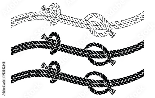 Horizontal Rope with Inline Overhand Knot and Frayed Ends Illustration Set, Nautical Rope Horizontal Divider with Tied Overhand Knot and Frayed Tassel Ends in Outline and Bold Glyph Styles