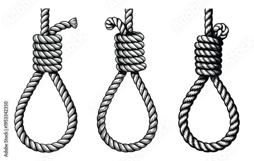 Monochrome Hanging Rope Noose Illustration Collection, Black and White Hangman Noose Rope Vector Set