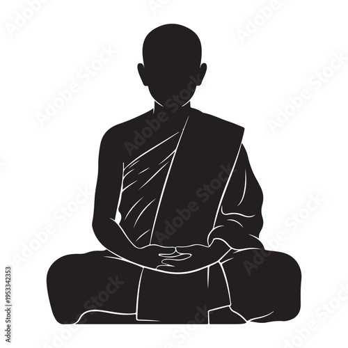 Minimalist silhouette of buddhist monk meditating in lotus pose on white ground