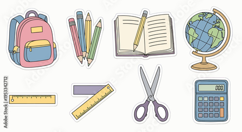 Colorful school supplies and education icons.
