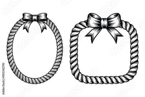 Rope Frame with Decorative Bow Illustration, Rounded Square Shapes with Detailed Engraving Style Ribbon Bow Accent for Nautical Wedding Invitation