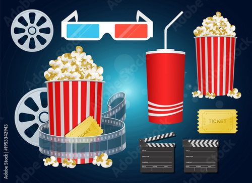 Movie night essentials: popcorn, soda, tickets, and 3D glasses for fun!