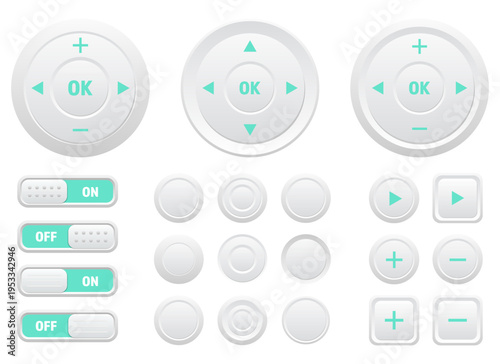 Set of white user interface elements with on/off switches and circular buttons