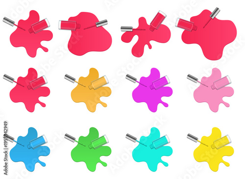 Colorful nail polish spills: vibrant, glossy drops in various shades on white.