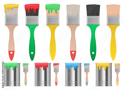 Paintbrushes and cans of paint in various colors, ready for painting.