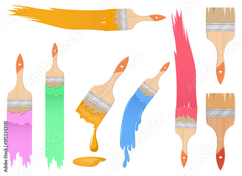 Colorful Paintbrushes: Variety of brushes with vivid dripping paint colors