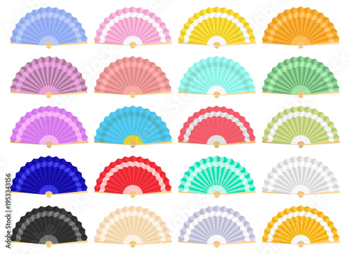 Collection of multicolored fans in an array, showing various colors.