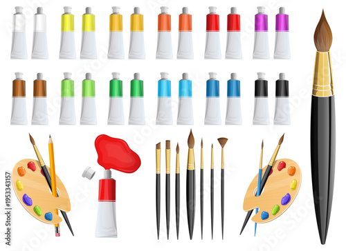 Artist's toolkit: vibrant paints, palettes, and brushes on a white backdrop.