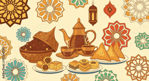 Flat lay of traditional Middle Eastern desserts and tea on plates with floral patterns in the background.