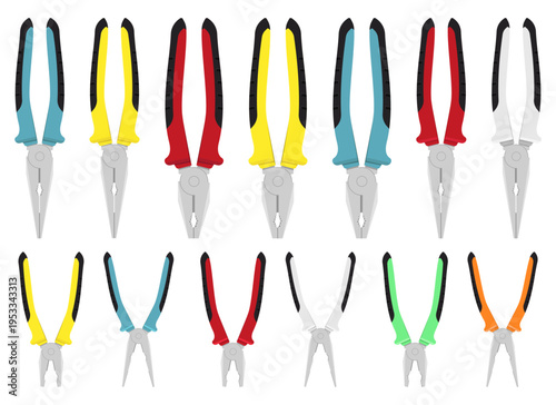 Collection of pliers with colorful handles set against a white background