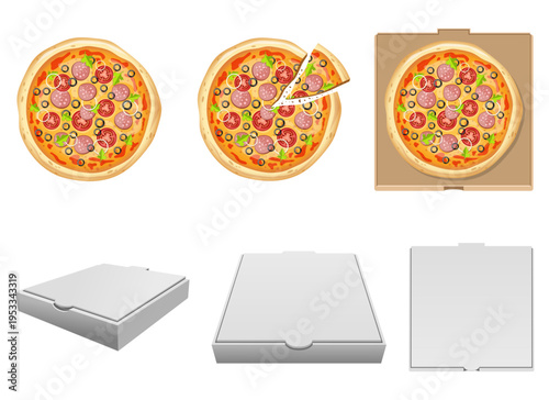 Pizza collection: whole pizzas, slice, open box and closed box illustrations.
