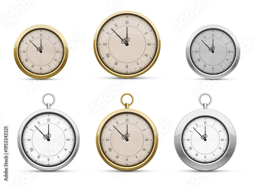 Collection of classic golden and silver pocket watches against white backdrop
