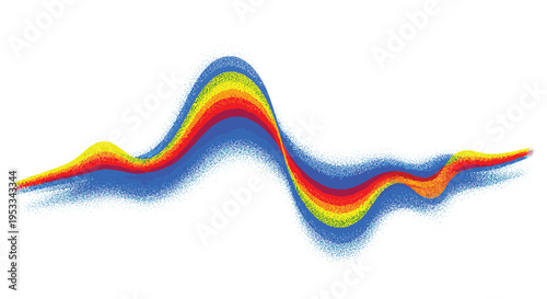 A dynamic stippled illustration presents a wavy, horizontal band formed by layered blue, red, yellow, and green colors, exhibiting a granular texture against a plain white background.