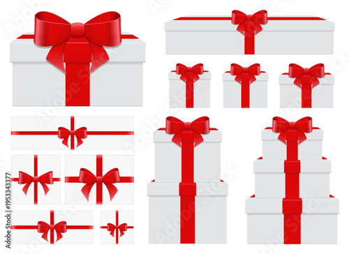 Collection of Wrapped Gifts with Red Ribbons and Bows on a White Background.